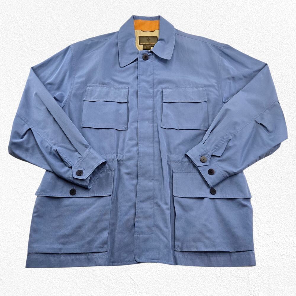1990s Vintage Rainforest Blue Silk Cotton Safari Jacket Utility Coat Size Medium